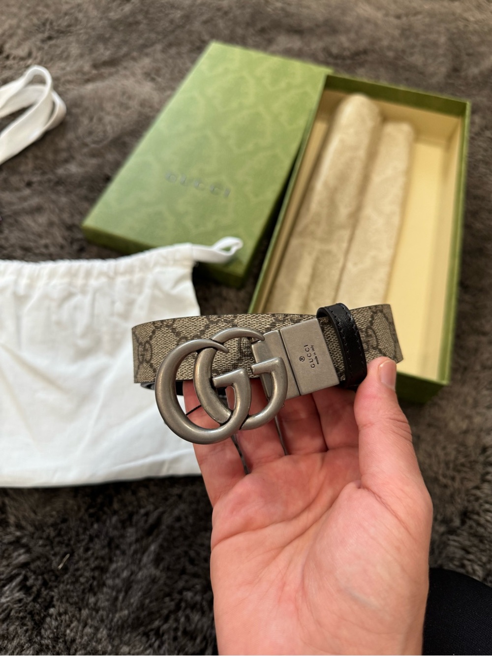 Gucci Men's GG Supreme Canvas Belt with Double G Buckle Reversible